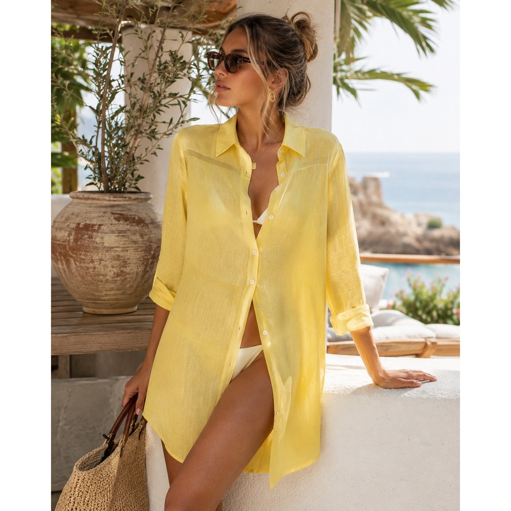 KiWi Saint-Tropez Women 100% Linen Button Down Cover Up French Riviera Yellow XS